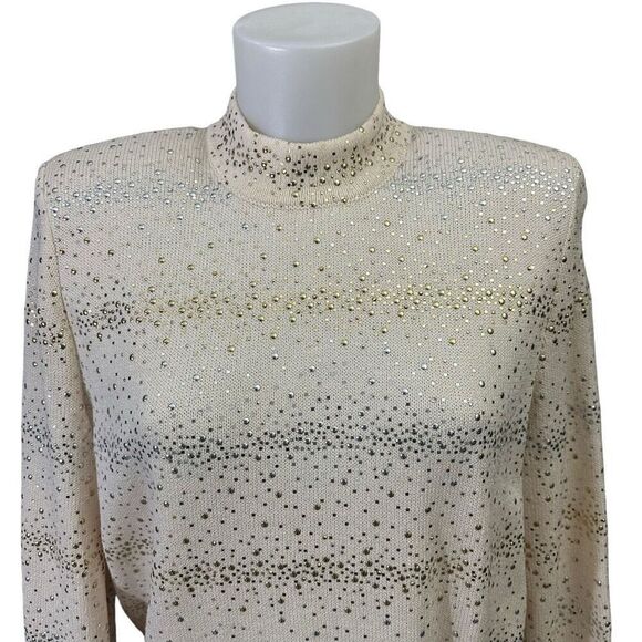 St. John Evening Embellished‎ Gold Silver Cream Mock Neck Sweater Size M Vintage - Picture 2 of 11